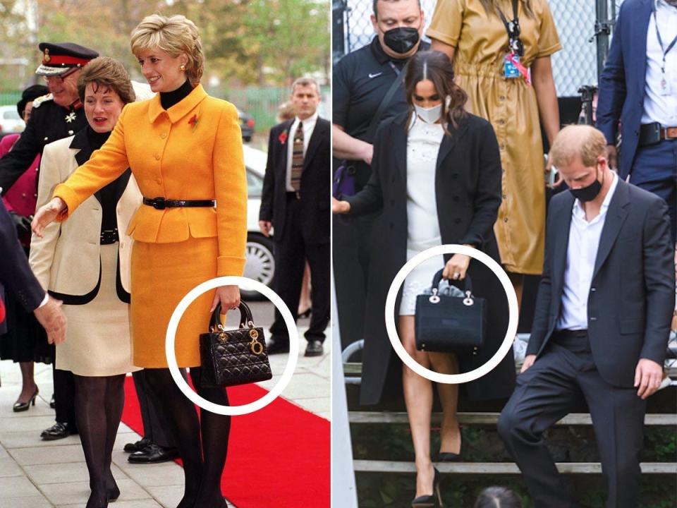 A side-by-side of Princess Diana and Meghan Markle carrying similar purses.