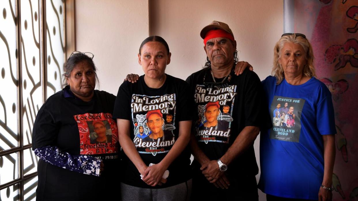 Glenda Mippy, Nadene Dodd, Stewart Dodd and Julie Dodd ahead of the coronial inquest into the death of their son, nephew and grandson Cleveland Dodd. Picture: NCA NewsWire / Sharon Smith,
