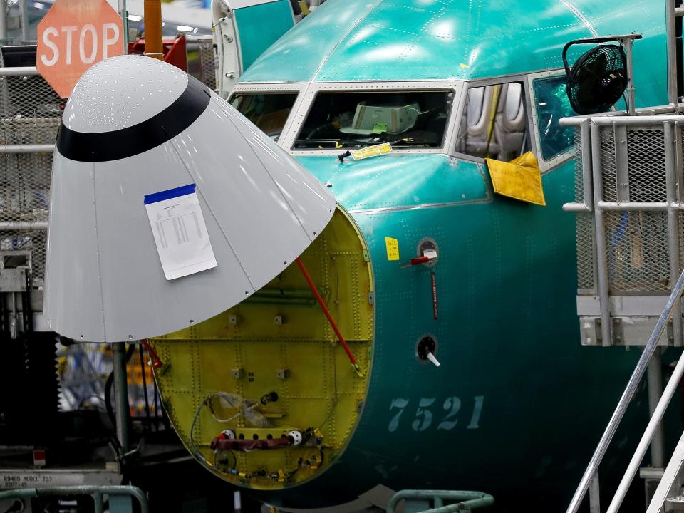 The angle of attack sensor, at bottom center, is seen on a 737 Max aircraft at the Boeing factory in Renton, Washington, U.S., March 27, 2019.  REUTERS/Lindsey Wasson 