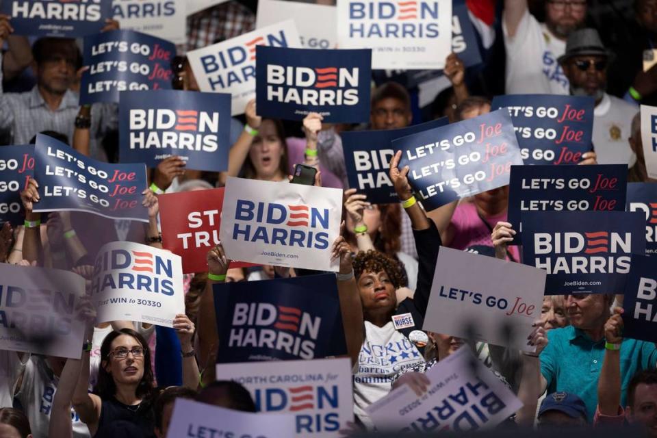 President Joe Biden supporters watch as hip hop artist Fat Joe performs during a campaign event at the Jim Graham building at the North Carolina State Fairgrounds in Raleigh on Friday June 28, 2024. Biden debated former President Trump in Atlanta Georgia the previous night.
