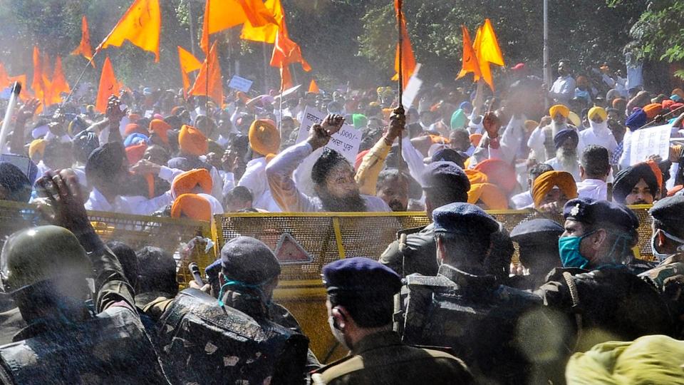 Police uses water cannons to disperse and stop Shiromani Akali Dal (SAD) workers and leaders from marching towards the Punjab Vidhan Sabha during a rally, organised under the banner of Punjab Mangda Jawab, in Chandigarh, Monday, 1 March, 2021.