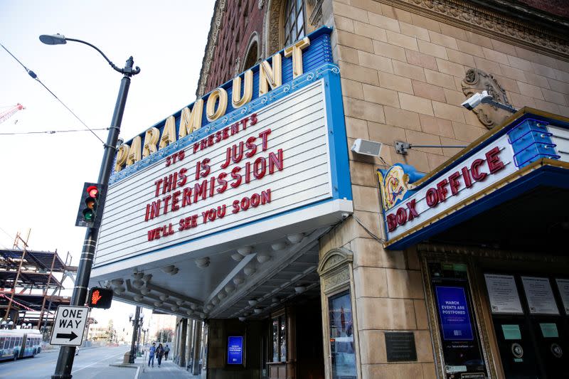 A message is pictured on the marquee of Paramount Theater during the outbreak of coronavirus disease (COVID-19) in Seattle