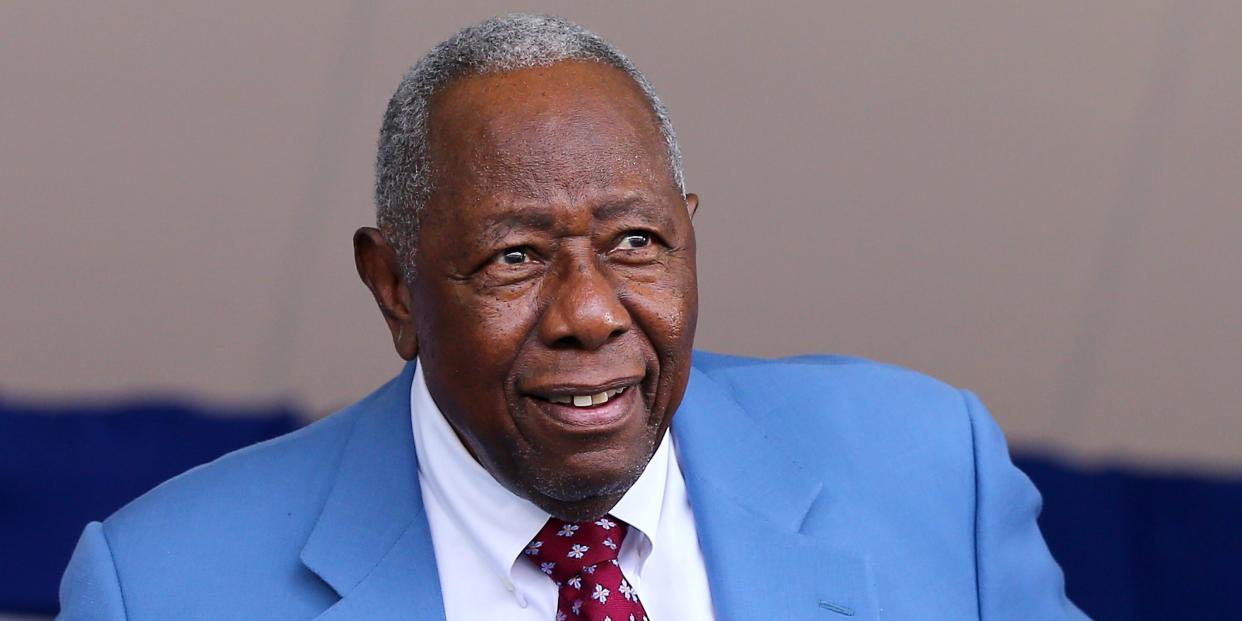 Hank Aaron attends the Hall of Fame Induction Ceremony at National Baseball Hall of Fame on July 26, 2015 in Cooperstown, New York. Craig Biggio,Pedro Martinez,Randy Johnson and John Smoltz were inducted in this year's class. 