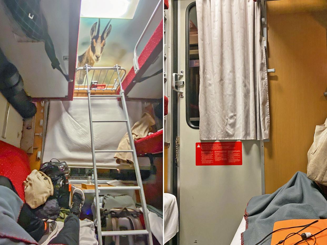 Two images: Left: The author's legs stretched out on a red couch inside a sleeper cabin. Right: A closed gray, sliding door with a curtain in the train cabin