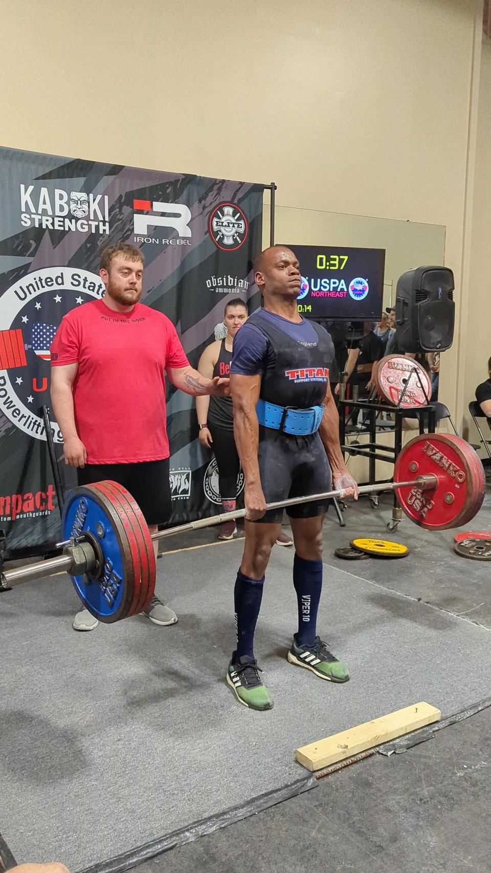 Portsmouth resident Dele Atoro competing in the deadlift competition in a United States Powerlifting Association meet. He has deadlifted 479 pounds to qualify for nationals.