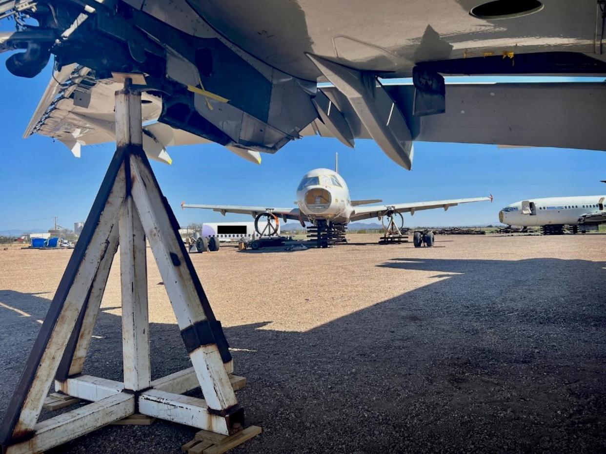 An aircraft on stilts at Pinal Airpark in Arizona.