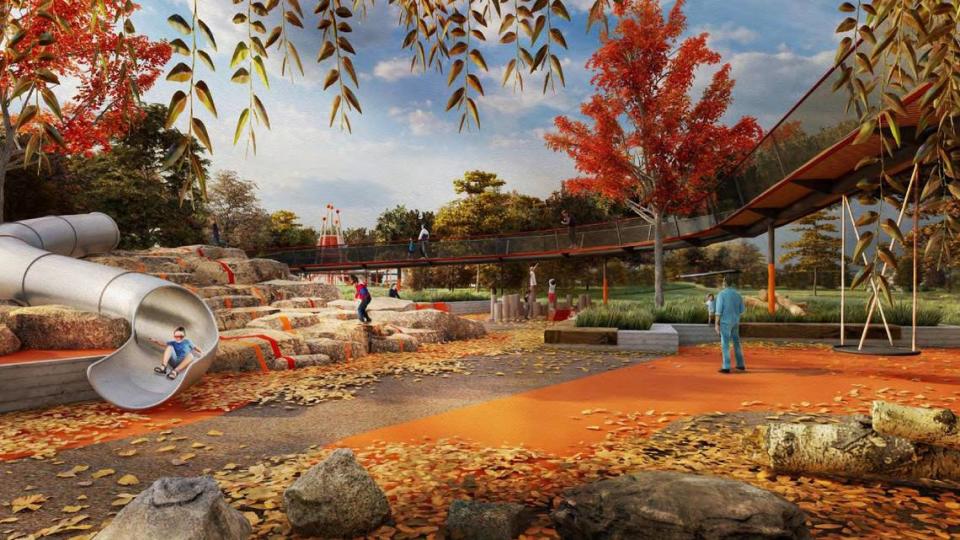 This rendering from an April 2023 presentation shows the proposed nature-based adventure playground.