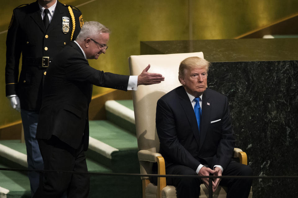 <p>President Trump arrives to address the United Nations General Assembly at U.N. headquarters, Septe. 19, 2017, in New York City. Among the issues facing the assembly this year are North Korea’s nuclear developement, violence against the Rohingya Muslim minority in Myanmar and the debate over climate change. (Photo: Drew Angerer/Getty Images) </p>
