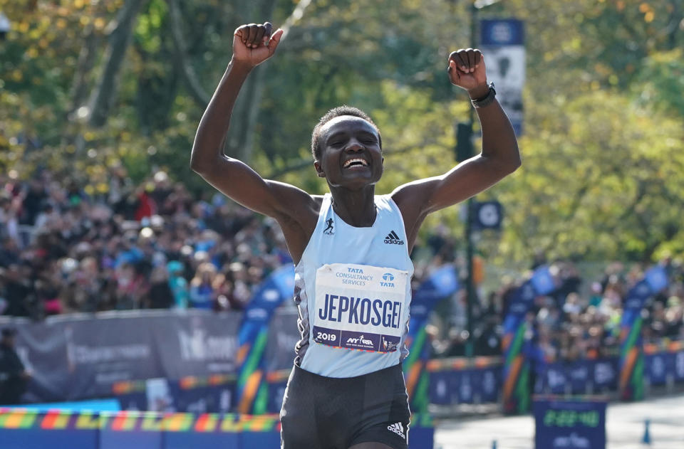 Joyciline Jepkosgei of Kenya crosses the finish line to win the Professional Women's Finish  during the 2019 TCS New York City Marathon in New York on Nov> 3, 2019. (Photo: Timothy A. Clary/AFP via Getty Images)