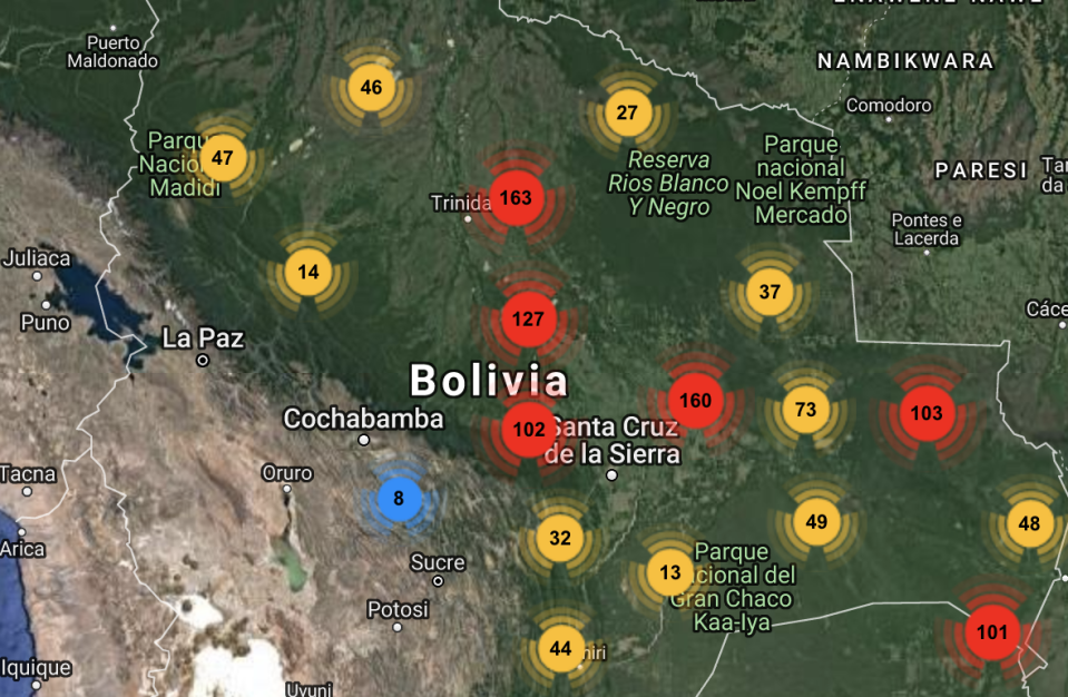 A map shows hundreds of fires burning across Bolivia with some threatening the sanctuary. Source: incendios.fan-bo.org