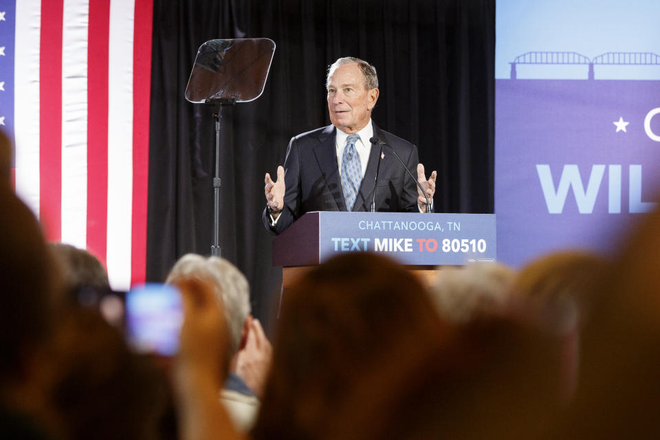 Democratic presidential candidate Mike Bloomberg speaks during a rally at the Bessie Smith Cultural Center, Wednesday, Feb. 12, 2020, in Chattanooga, Tenn. (C.B. Schmelter/Chattanooga Times Free Press via AP)