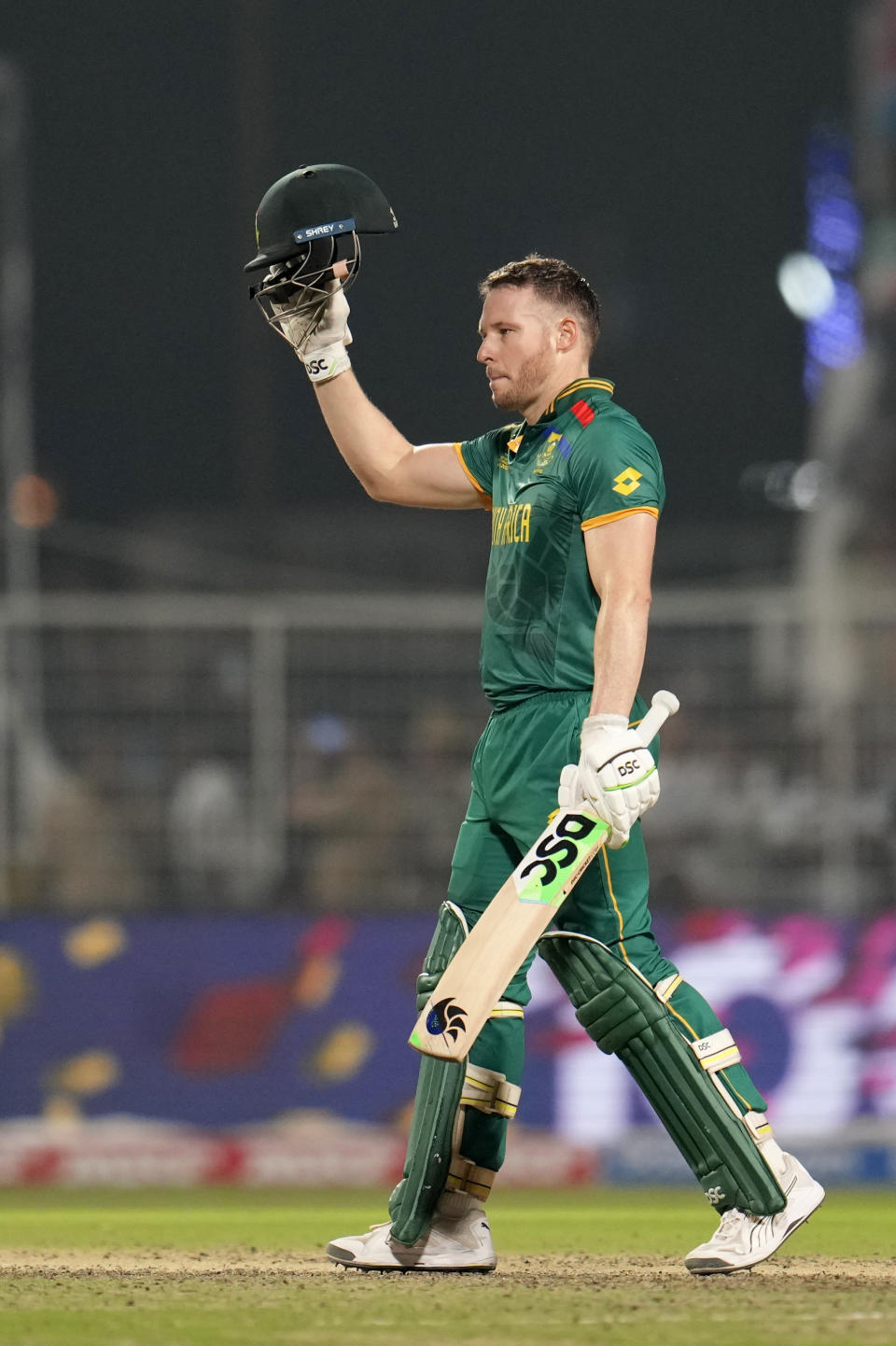 South Africa's David Miller celebrates his century during the ICC Men's Cricket World Cup second semifinal match between Australia and South Africa in Kolkata, India, Thursday, Nov.16, 2023. (AP Photo/Aijaz Rahi)