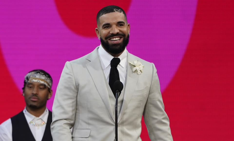 Drake accepts the artist of the decade award at the Billboard Music Awards on Sunday, May 23, 2021, at the Microsoft Theater in Los Angeles. (AP Photo/Chris Pizzello)