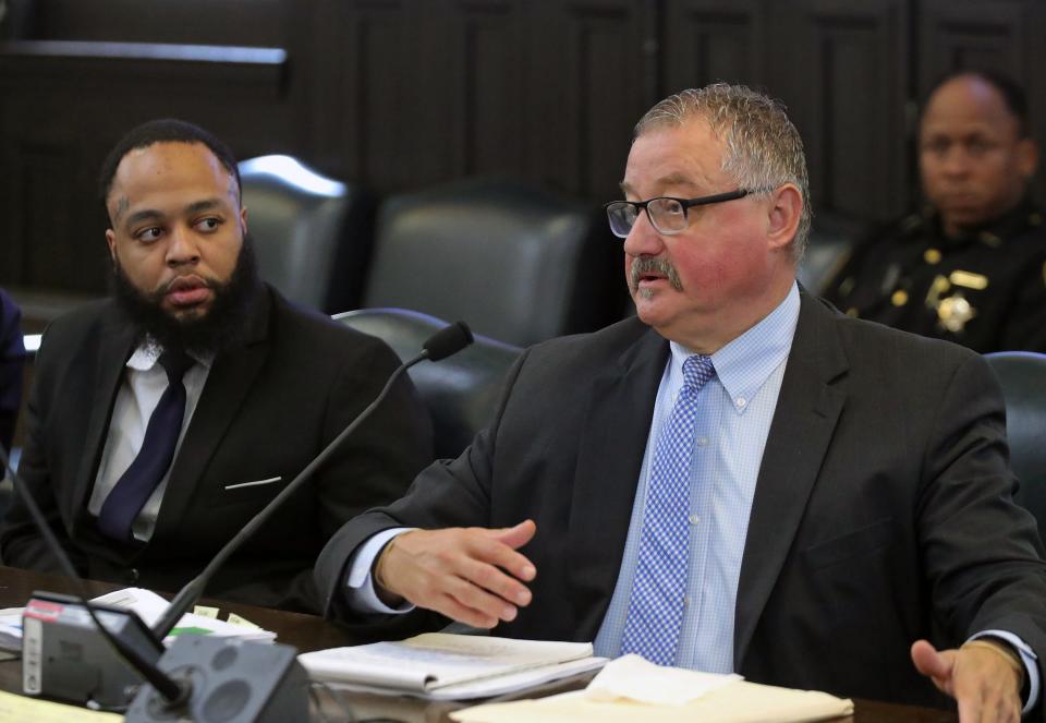 Defense attorney John Greven (right) speaks during Deair Wray's murder trial in Summit County Common Pleas Court.