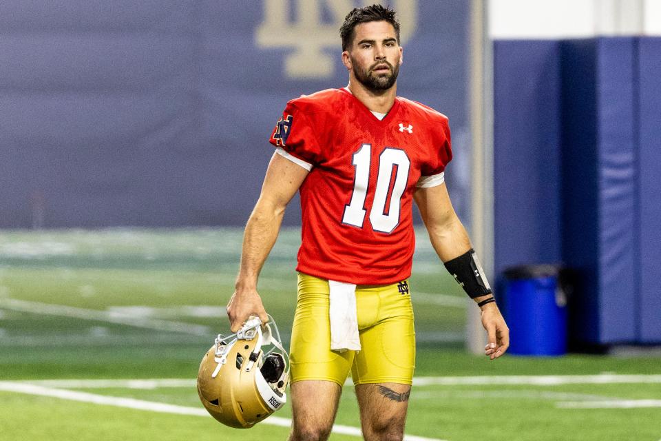 Notre Dame quarterback Sam Hartman (10) during Notre Dame Spring Practice on Wednesday, March 22, 2023, at Irish Athletics Center in South Bend, Indiana.