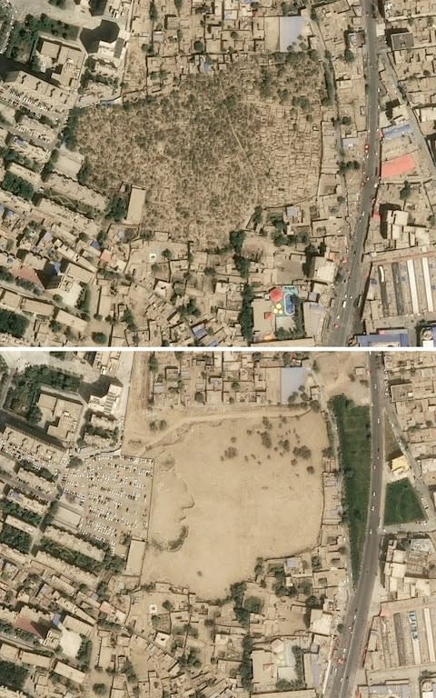 satellite images received on September 30, 2019 from CNES 2019, distributed by Airbus DS and produced by Earthrise shows a picture from April 24, 2018 (top) showing the Sulanim cemetery (C) in Hotan, Xinjiang province and the same view on August 6, 2019 (bottom)  - Credit: AFP