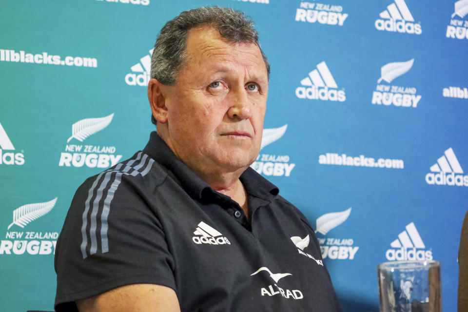 All Blacks coach Ian Foster answers questions at a news conference in Auckland, New Zealand, Wednesday, Aug. 17, 2022. Foster will remain as All Blacks head coach until his contract expires after next year's World Cup, saved in part by New Zealand’s Rugby Championship win over South Africa last weekend. (Jed Bradley/New Zealand Herald via AP)