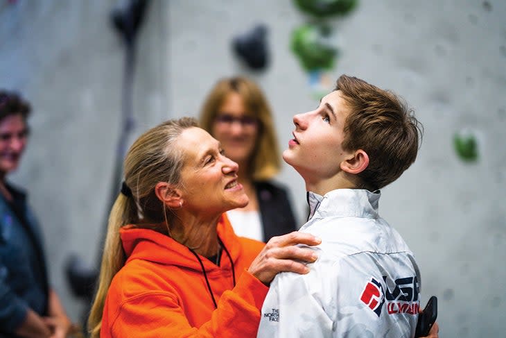 <span class="article__caption">Colin Duffy and Robyn Erbesfield-Raboutou, Grossman’s mentor and coach, take in his Olympic-qualifying victory at the 2020 Pan-American Championships. </span> (Daniel Gajda/IFSC)