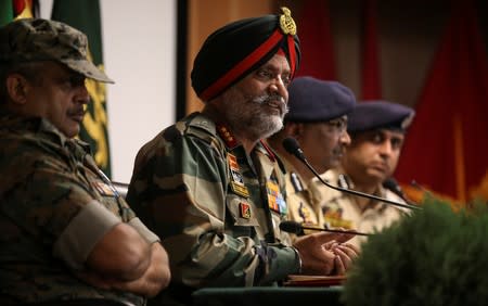 Indian Army's Lieutenant General KJS Dhillon speaks during a news conference in Srinagar