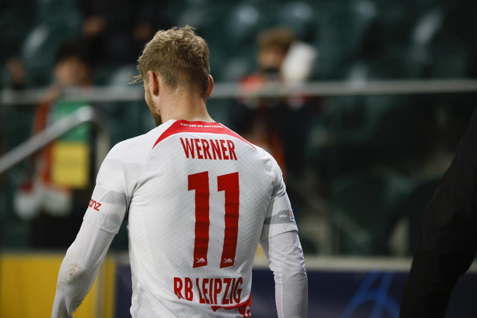 Leipzig's Timo Werner leaves the pitch during the Champions League group F soccer match between Shakhtar Donetsk and Leipzig at Polish Army Stadium stadium in Warsaw, Wednesday, Nov. 2, 2022. (AP Photo/Michal Dyjuk)