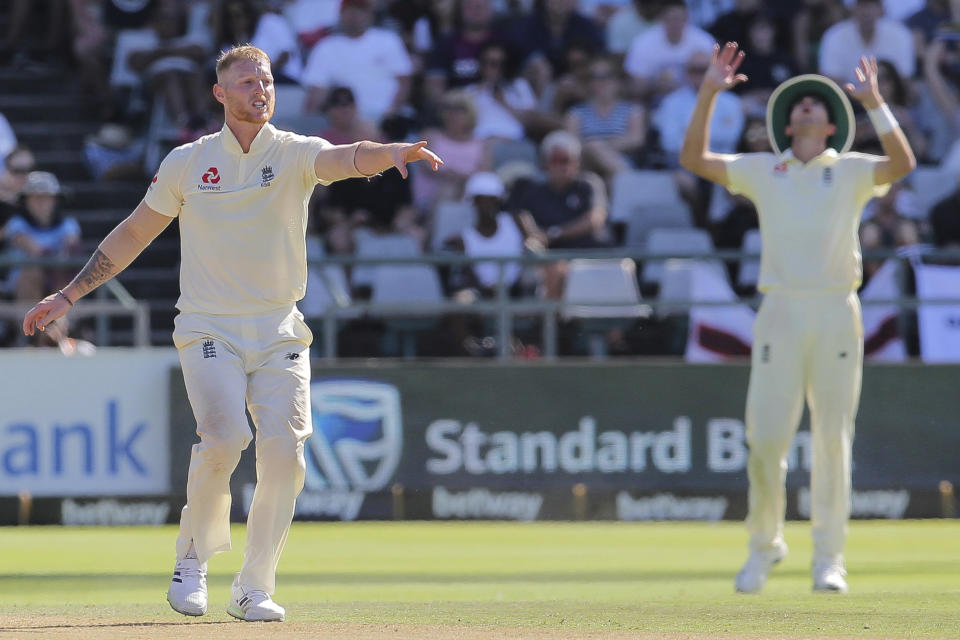 England bowler Ben stokes in action during day two of the second cricket test between South Africa and England at the Newlands Cricket Stadium in Cape Town, South Africa, Saturday Jan. 4, 2020. (AP Photo/Halden Krog)