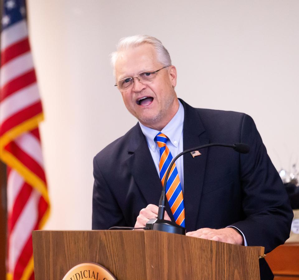 Circuit Judge Peter Brigham speaks at Circuit Judge Anthony Tatti's retirement sendoff on Friday.