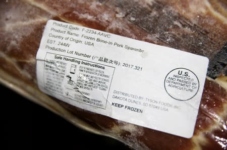 A label shows the origin of frozen pork that was imported from the U.S. at the Beijing barbeque restaurant Home Plate that specializes in U.S. meat