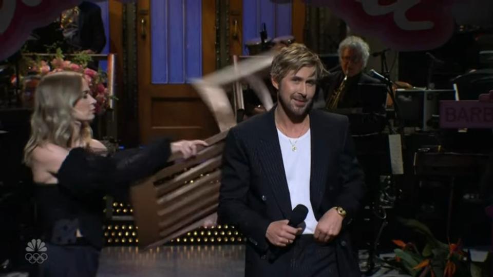 Gosling admitted the stunt was pretty cool and said that Ken would have also found it cool, which caused Blunt to hit him with a chair. NBC / SNL