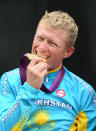 LONDON, ENGLAND - JULY 28: Gold medallist Alexandr Vinokurov of Kazakhstan celebrates during the Victory Ceremony for the Men's Road Race Road Cycling on Day 1 of the London 2012 Olympic Games on July 28, 2012 in London, England. (Photo by Jamie Squire/Getty Images)