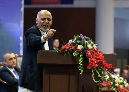 FILE PHOTO: Afghan presidential candidate Ashraf Ghani speaks during the first day of the presidential election campaign in Kabul