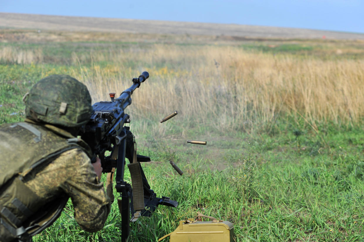 ROSTOV, RUSSIA - OCTOBER 02: Russian citizens drafted during the partial mobilization begin their military trainings after a military call-up for the Russia-Ukraine war in Rostov, Russia on October 02, 2022. (Photo by Arkady Budnitsky/Anadolu Agency via Getty Images)