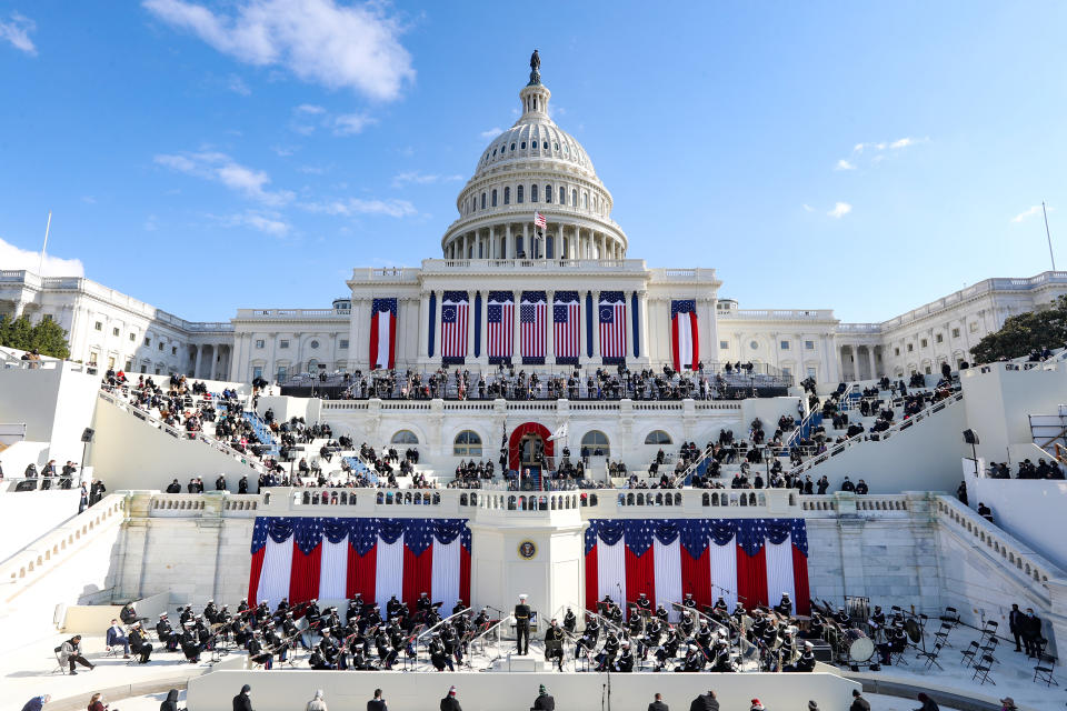 US president Joe Biden delivers his inaugural address on the West Front of the Capitol. Photo: Tasos Katopodis/Getty