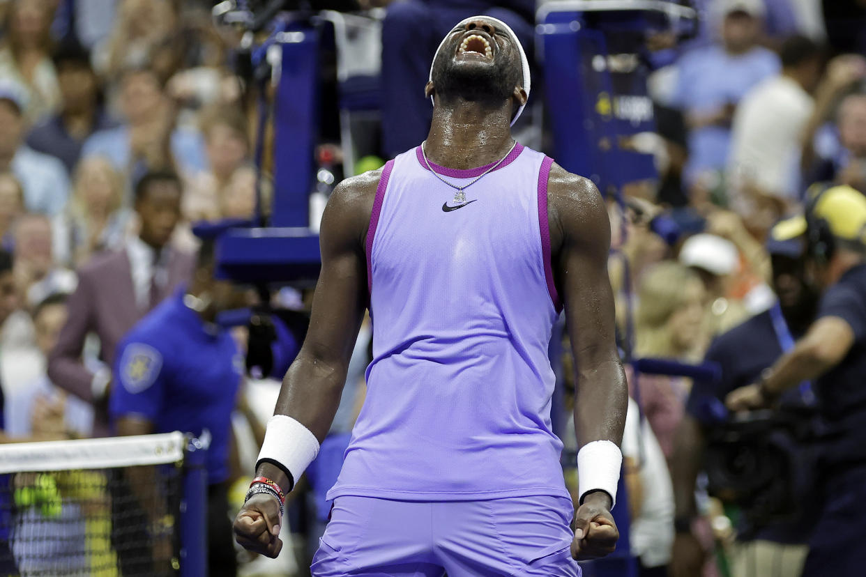 Frances Tiafoe, of the United States, reacts after defeating Alexei Popyrin, of Australia, during the fourth round of the U.S. Open tennis tournament Sunday, Sept. 1, 2024, in New York. (AP Photo/Adam Hunger)