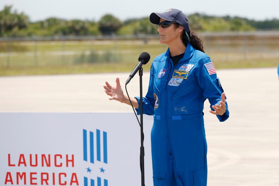 NASA astronaut Suni Williams speaks to the media after they arrived at the Kennedy Space Center, Thursday, April 25, 2024, in Cape Canaveral, Fla. The two test pilots will launch aboard Boeing’s Starliner capsule atop an Atlas rocket to the International Space Station, scheduled for liftoff on May 6, 2024. (AP Photo/Terry Renna)