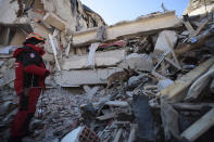 A rescuer with a dog works on searching for people buried under the rubble on a collapsed building, after an earthquake struck Elazig, eastern Turkey, Saturday, Jan. 25, 2020. Rescue workers were continuing to search for people buried under the rubble of apartment blocks in Elazig and neighbouring Malatya. Mosques, schools, sports halls and student dormitories were opened for hundreds who left their homes after the quake (IHH/ Humanitarian Relief Foundation via AP)
