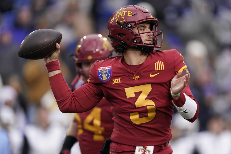 Iowa State quarterback Rocco Becht (3) looks to throw a pass during the first half of the Liberty Bowl NCAA college football game against Memphis, Friday, Dec. 29, 2023, in Memphis, Tenn. (AP Photo/George Walker IV)