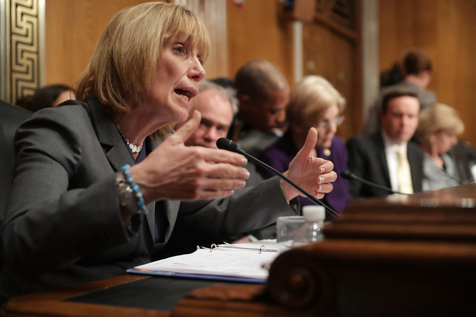 Senate Health, Education, Labor and Pensions Committee member Sen. Maggie Hassan (D-NH) questions Betsy DeVos in January. (Photo: Chip Somodevilla via Getty Images)