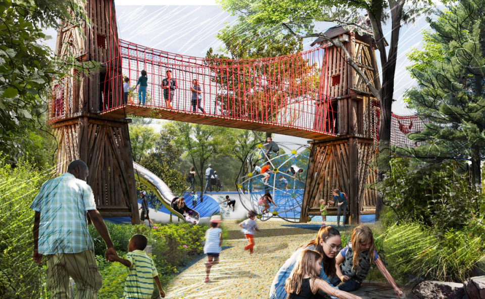 A rendering of the “NC Playground” at the Gipson Play Plaza under construction at Dorothea Dix Park.