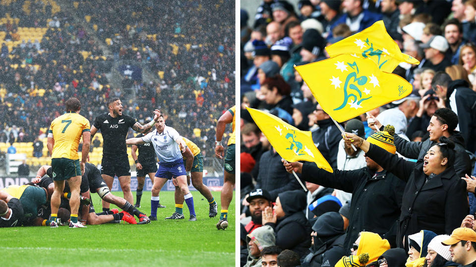 Wallabies defending against the All Blacks (pictured left) and a packed crowd in Wellington (pictured right).