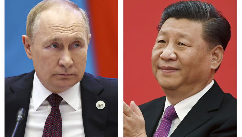 This combination photo shows Russian President Vladimir Putin, left, in Samarkand, Uzbekistan, on Sept. 16, 2022, and China’s President Xi Jinping in Beijing on Dec. 2, 2019. China says Xi will visit Russia from Monday, March 20, 2023, to Wednesday in an apparent show of support for Putin.