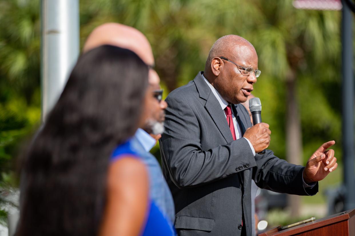 Rev. R.B. Holmes speaks during a press conference at the Florida Education building where he and other community members called upon Commissioner of Education Manny Diaz to reverse the decision made on the AP African American studies Thursday, Aug. 10, 2023.