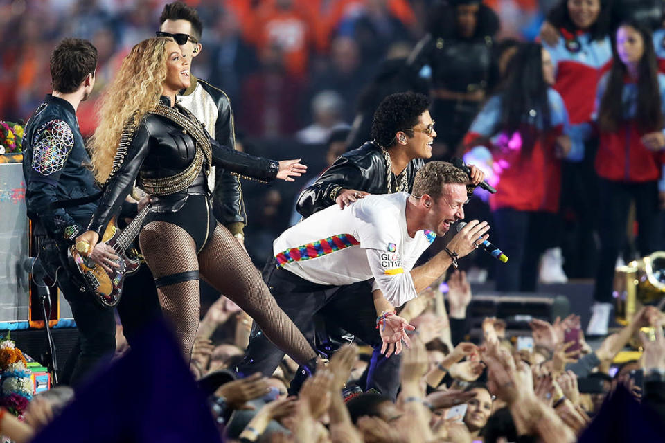 Beyonce, Chris Martin of Coldplay, and Bruno Mars perform during the Pepsi Super Bowl 50 Halftime Show at Levi’s Stadium on February 7, 2016 in Santa Clara, California.  (Photo: Andy Lyons/Getty Images)