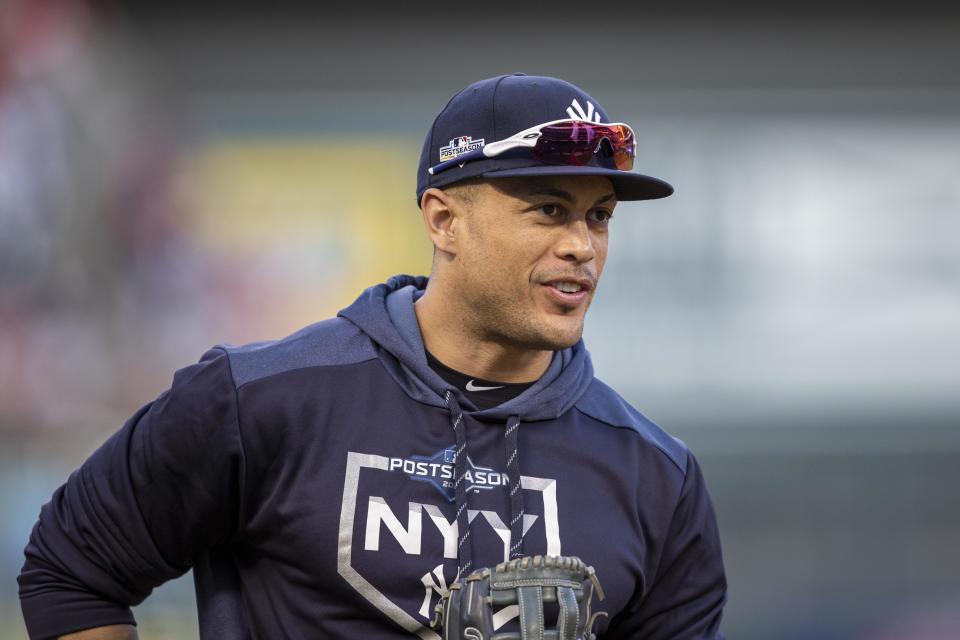 Oct 7, 2019; Minneapolis, MN, USA; New York Yankees left fielder Giancarlo Stanton (27) looks on during pre game batting practice before game three of the 2019 ALDS playoff baseball series against the Minnesota Twins at Target Field. Mandatory Credit: Jesse Johnson-USA TODAY Sports