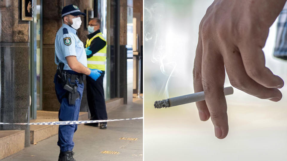 A man attempted to break out of hotel to have a cigarette, while completing his mandatory quarantine. Pictured left is a stock image of police outside a hotel. Source: Getty Images