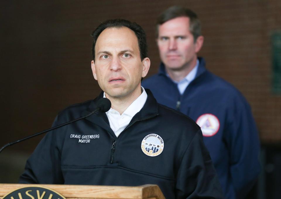 Mayor Craig Greenberg speaks during a press conference after five were shot and six injured at a bank in downtown Louisville on Monday, April 10, 2023