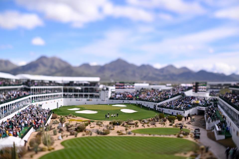 Cameron Champ of the United States, Scott Stallings of the United States and Chad Ramey of the United States walk the 16th hole during the continuation of the weather-delayed first round of the WM Phoenix Open at TPC Scottsdale on February 09, 2024 in Scottsdale, Arizona. (Photo by Orlando Ramirez/Getty Images)