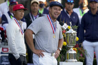 Bryson DeChambeau, of the United States, speaks after winning US Open Golf Championship, Sunday, Sept. 20, 2020, in Mamaroneck, N.Y. (AP Photo/John Minchillo)