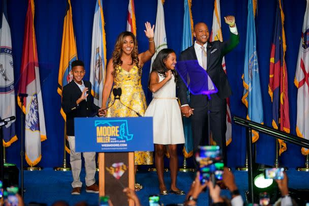 PHOTO: Democrat Wes Moore, right, stands on stage with his family before speaking to supporters during an election night gathering after he was declared the winner of the Maryland gubernatorial race, on Nov. 8, 2022, in Baltimore. (Julio Cortez/AP)