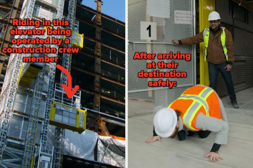 Jonathan Van Ness kisses the ground after safely making it out of an elevator at a skyscraper construction site with SOM Director of Structural Engineering Preetam Biswas