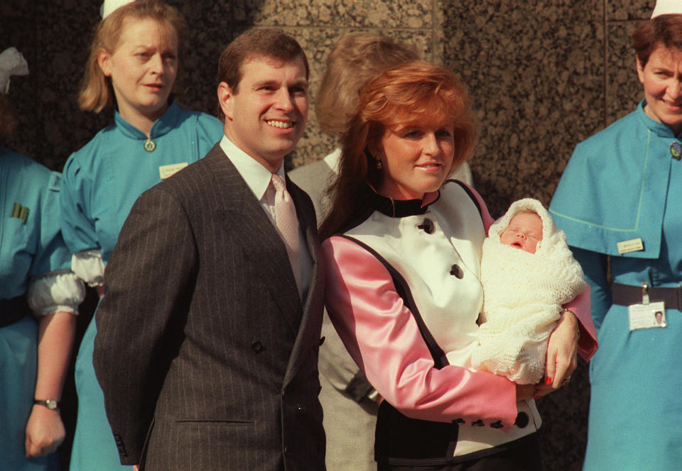 File photo dated 30/03/90 of The Duke and Sarah, Duchess of York outside the Portland Hospital in London with a newborn Princess Eugenie. The Duke of York's youngest daughter is turning 30 on Monday.